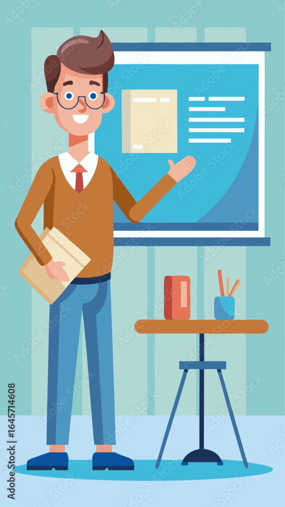 Poster a woman is standing in front of a white board with a presentation on it. she is pointing to a graph 