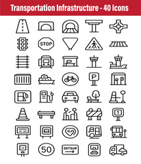 Collection of diverse transportation and infrastructure icons for modern design projects