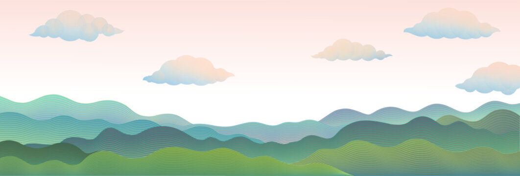 Sunrise scene featuring a panoramic view of mountain hills and a sky filled with soft clouds. Vector illustration, for nature-themed projects.