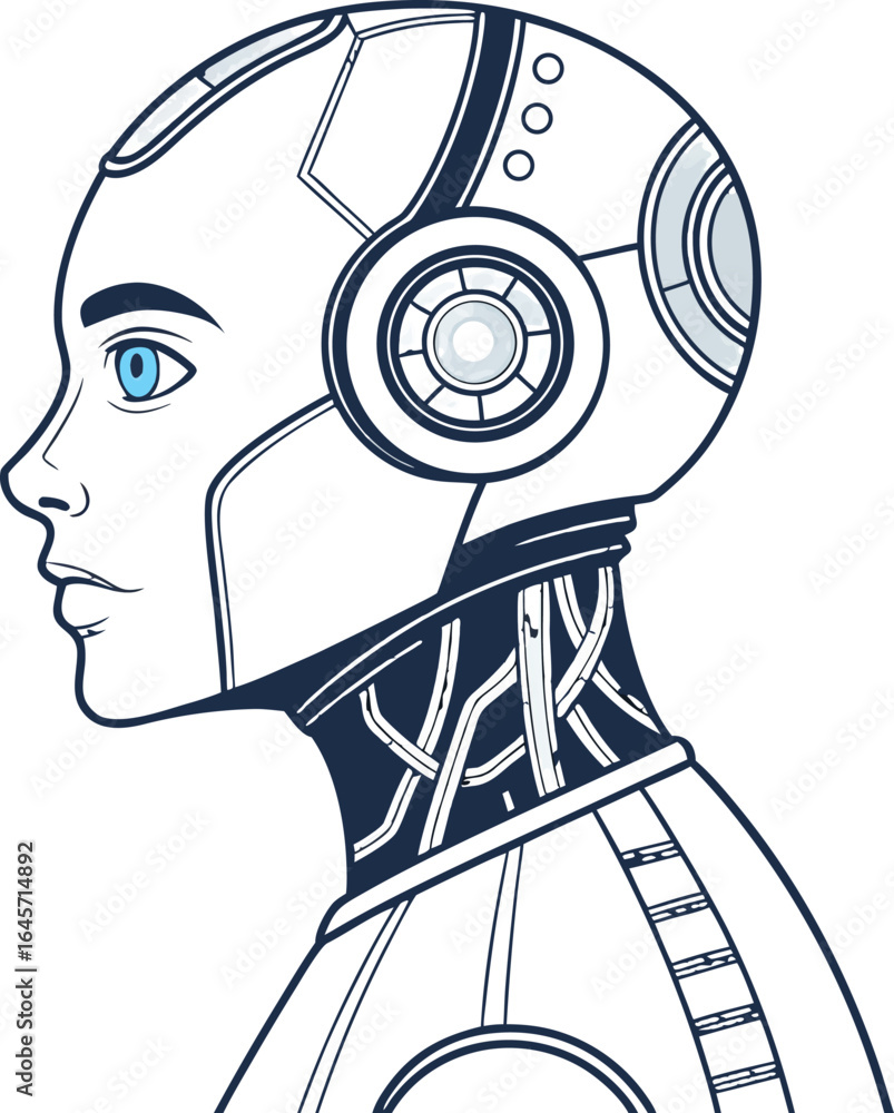 Poster futuristic humanoid robot with advanced artificial intelligence depicted front facing in a clean mod
