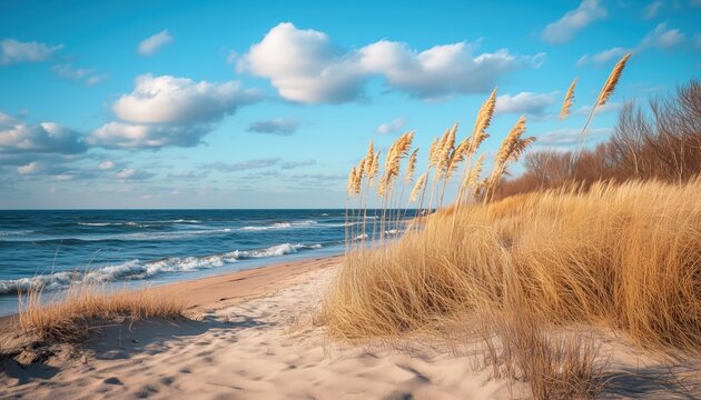 Scenic Sand Beach With Golden Grass And Waves On The Baltic Sea In Nida, Neringa, Lithuania, With Reeds Swaying In The Wind.