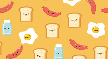 A cheerful pattern featuring adorable, smiling breakfast items: sausages, toast, eggs, and milk bottles on a vibrant yellow backdrop.