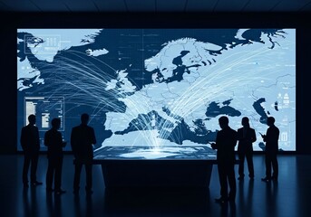 Business professionals analyzing global data network on a large interactive map display.