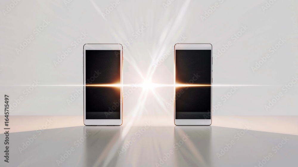 Poster two modern smartphones facing each other, showcasing a bright light effect between their screens in 
