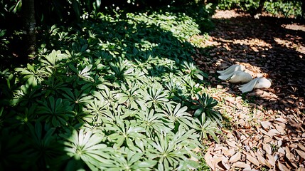 Side shot at 50mm F1.8, composition balancing plant growth and crisp bill edges under soft shadows