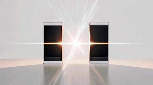 Two modern smartphones facing each other, showcasing a bright light effect between their screens in a minimalistic environment during daytime