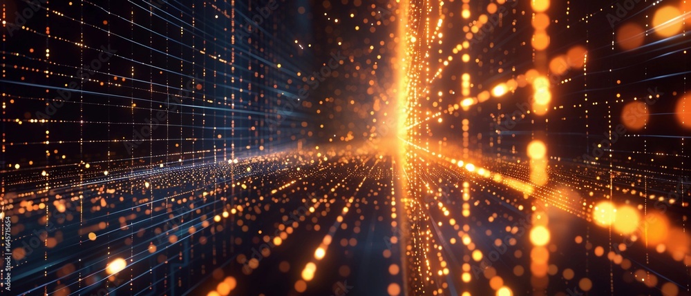 Poster digital landscape showcasing vibrant particles and rays of light creating a dynamic sense of movemen