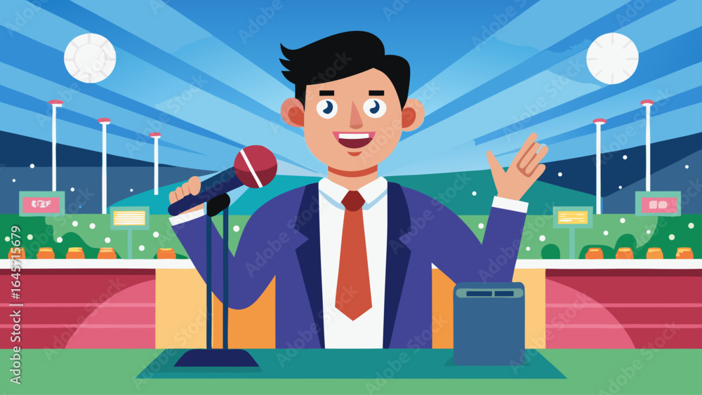 Aufkleber a man in a suit is standing in front of a microphone, waving to the camera. the image has a lighthea