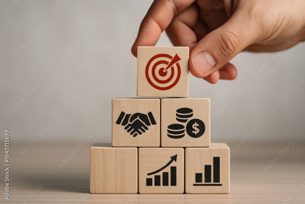 Poster strategic building blocks: hand placing a cube with a target icon on top of a pyramid structure. the