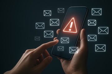 Cyber Alert: Hands hold smartphone, a red alert symbol glows on its screen amidst a cloud of floating mail icons, showcasing the dangers of phishing and malware.