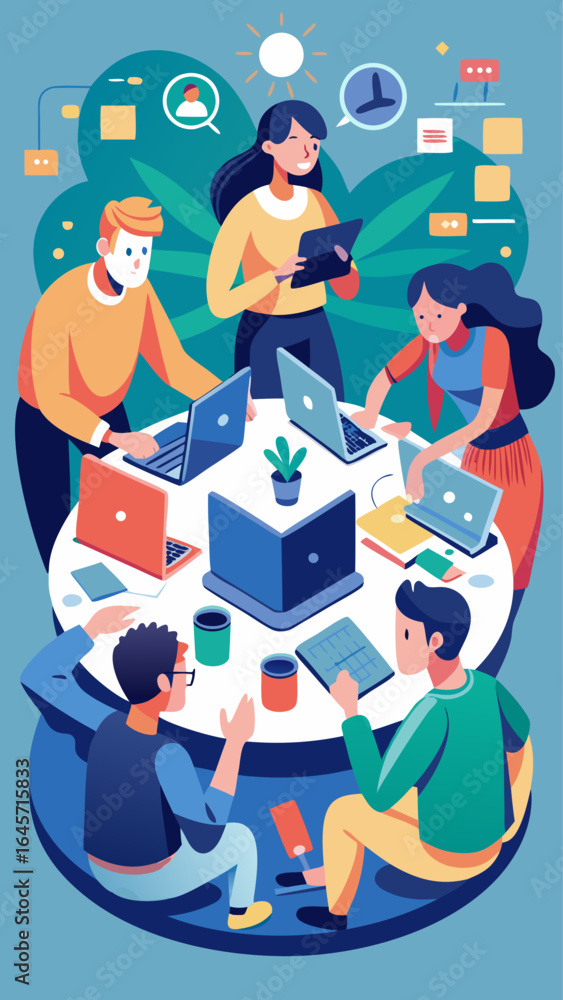 Poster a group of people are working together on a project. they are sitting around a table with laptops an