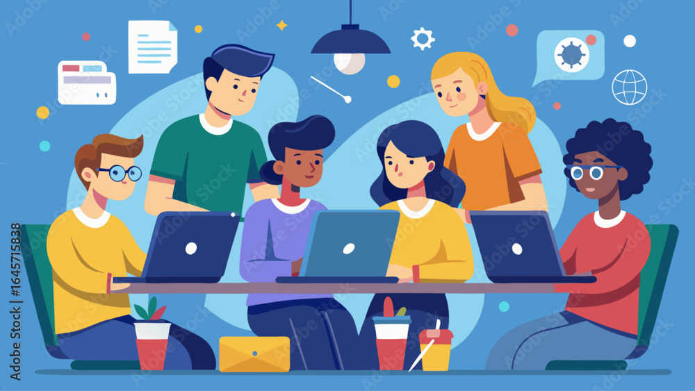 Poster a group of people are working together on a project. they are sitting around a table with laptops an