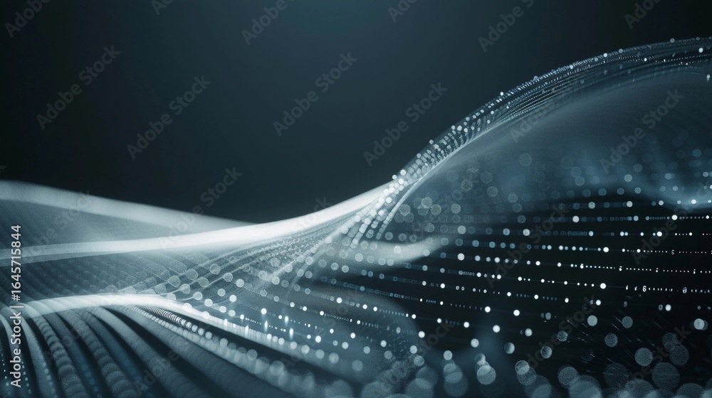 Poster beautiful abstract waves with light particles flowing in dark space illustrating motion and technolo
