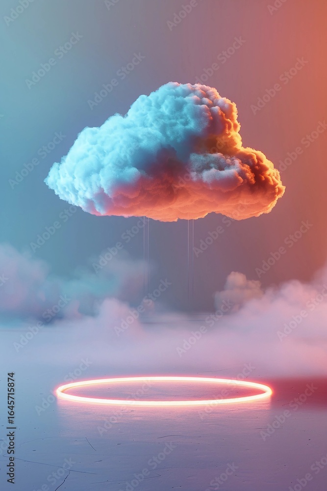 Poster floating cloud surrounded by colorful mist and glowing ring, creating an ethereal atmosphere in an i