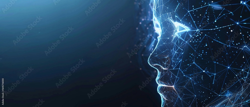 Poster digital representation of a human face showcasing advanced technology and artificial intelligence in