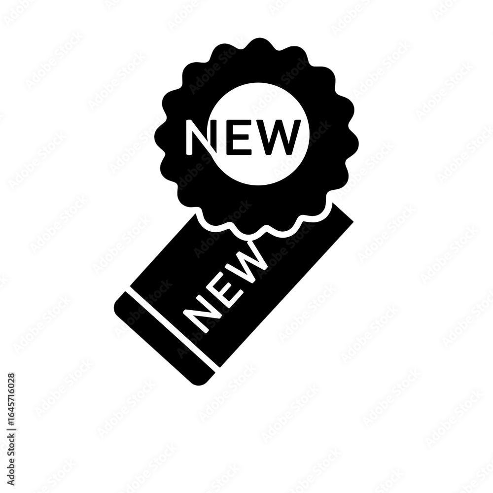 Aufkleber a monochrome graphic presenting a scalloped badge with 'new' text and an angled tag also marked 'new