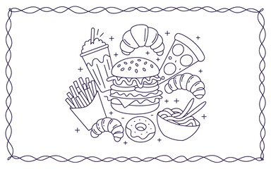 Collection of delicious fast food items including burgers pizza and fries illustrated in a simple and fun line art style great for menu design