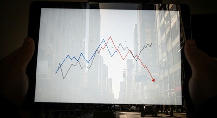 Double exposure of a declining financial chart on a tablet with a modern city street reflection.