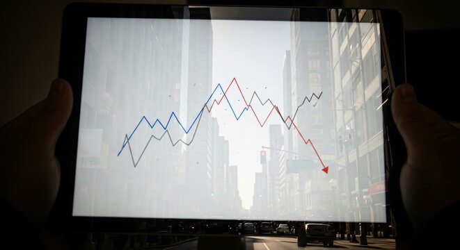 Double exposure of a declining financial chart on a tablet with a modern city street reflection.