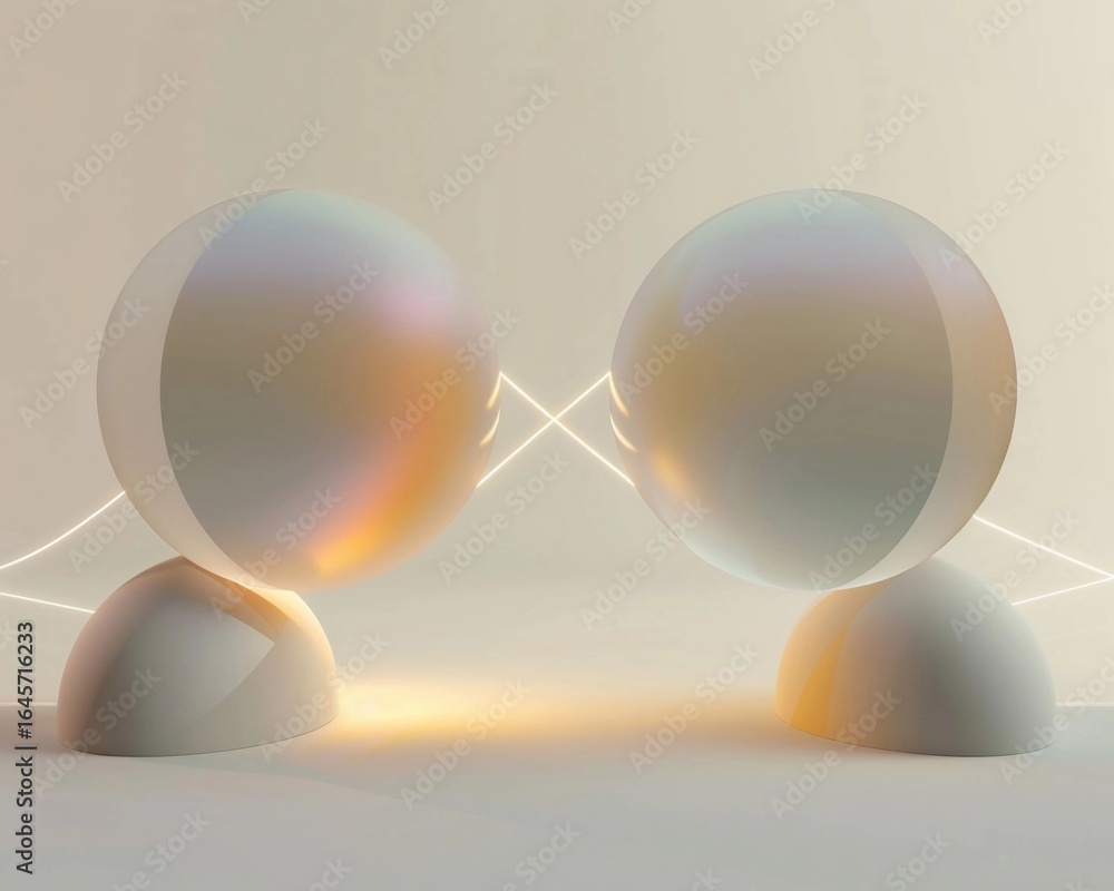 Poster two abstract spheres interact softly in a minimalistic space, reflecting light and colors in a moder