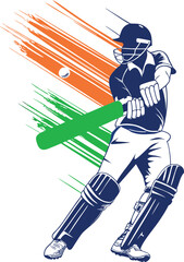 Man cricketer player vector icon and Indian cricketer batting with Indian flag colors in background 
