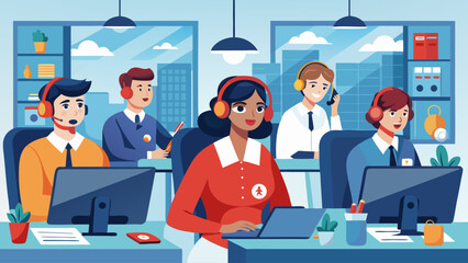 A group of people are working together in a cubicle. There are two people wearing red shirts and one person wearing a white shirt. The people are all wearing headphones