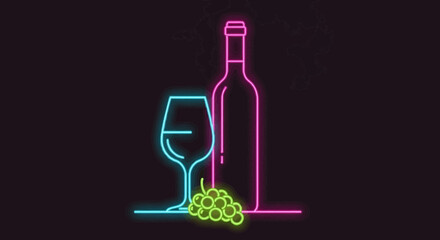 Vibrant neon light sign illustration of a wine bottle, a full glass, and a fresh cluster of grapes against a dark background.
