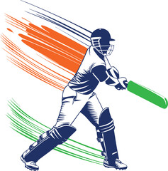 Man cricketer player vector icon and Indian cricketer batting with Indian flag colors in background 