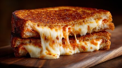 Oozy cheese pull from grilled sandwich, side profile showing toasted crust, warm golden glow, solid backdrop, perfect comfort food shot