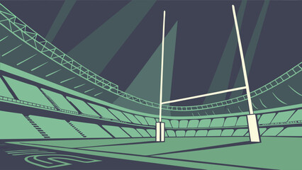Stylized Rugby Stadium with Goalposts and Seating.