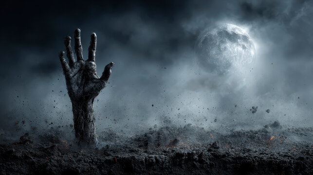 Zombie Hand Emerging from Cracked Ground Halloween Banner ,Happy halloween, halloween banner, halloween banner with copy space for text. 