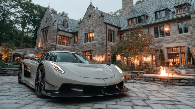 Sleek white luxury supercar parked in front of an elegant stone mansion with a fire pit at dusk
