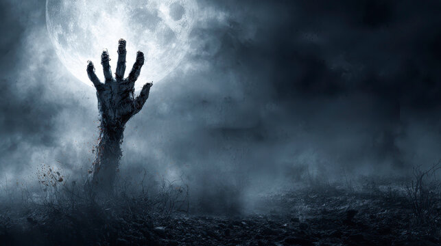 Zombie Hand Emerging from Cracked Ground Halloween Banner ,Happy halloween, halloween banner, halloween banner with copy space for text. 