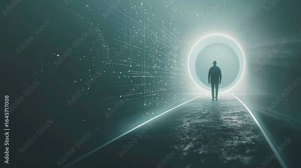 Poster person standing in a futuristic tunnel illuminated by glowing light and digital patterns during a se
