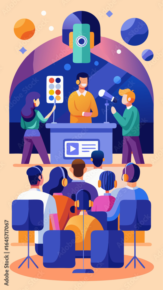 Poster a group of people are sitting around a table with a microphone in front of them. concept of collabor