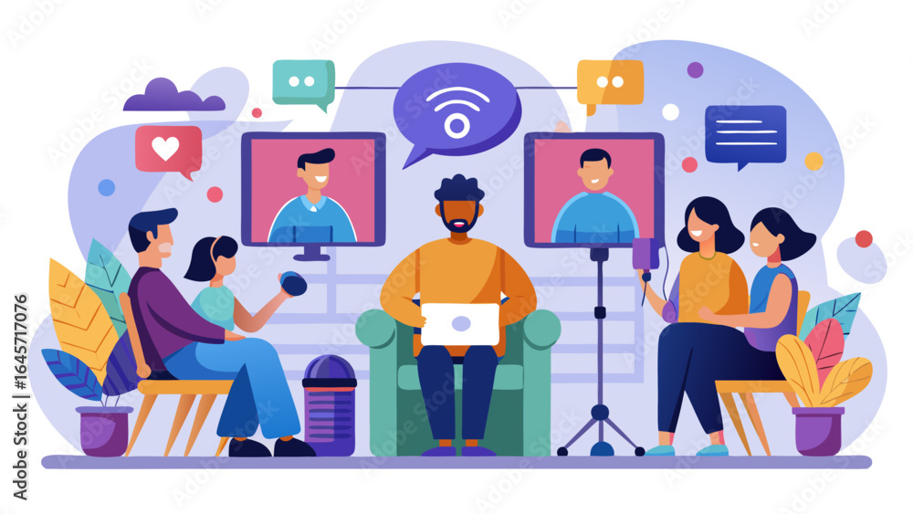 Poster a group of people are sitting around a table with a microphone in front of them. concept of collabor