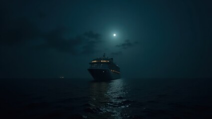 Obraz premium A cruise ship sails at night under a full moon.