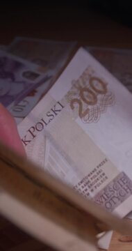 Polish Currency Handling &ndash; Hands Counting 200 and 20 Zloty Banknotes | 4k, 12 bit, braw vertical video