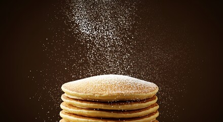 Overhead of powdered sugar falling on a stack of pancakes in slow motion