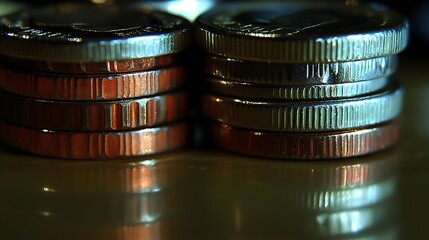 Angled macro at 24-135mm, reflective highlights emphasizing metallic texture of coin stack