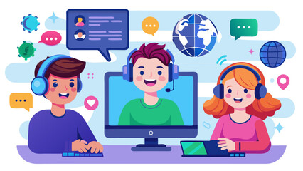 A group of people are working together on a computer. They are all wearing headphones and smiling. The computer screen shows a video call with a person on the left side of the screen