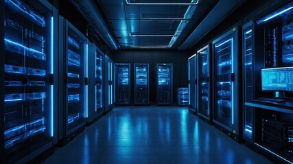 Fototapeta premium Modern server room with blue neon lighting