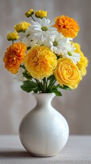 Obraz premium Bright Floral Arrangement With Yellow Roses and White Daisies in a White Vase on a Textured Background.