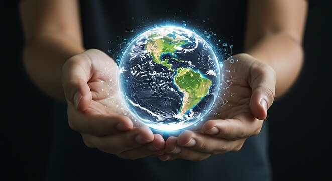 Glowing Earth Held in Hands on Dark Background - Globe Image