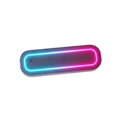A futuristic, elongated rectangular object with rounded corners emits a vibrant, gradient neon glow, transitioning from electric blue to radiant pink, casting an ethereal light on its dark, textured .