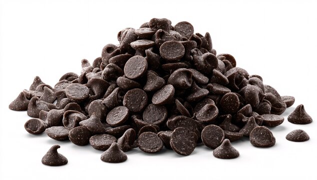 Dark chocolate chips pile for baking desserts and sweet treats ingredient use