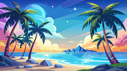 Obraz premium Palm trees stand tall, silhouetted gracefully against a radiant sky, while crystal waters shimmer and caress the untouched white sandy shoreline of a pristine tropical island, exuding serenity and bea