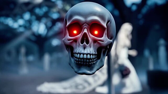 A skeletal bride walks through the cemetery as red-eyed skull appears. Slow motion tracking shot. 4K.
