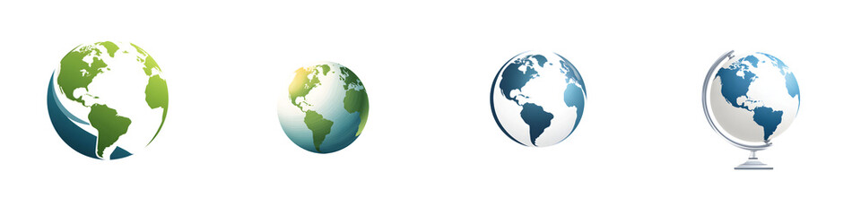 Globes collection showing earth from different angles in various shades of blue and green, isolated on white. Global business concept.