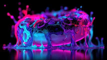 Vibrant liquid paint splashes in a donut shape, glowing neon colors on black background